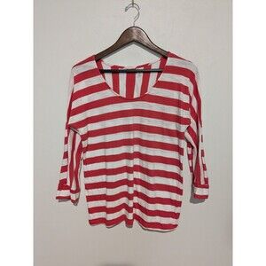 Gap Womens Bold Pink White Stripe Cotton Knit Top M Scoop Neck 3/4 Sleeve